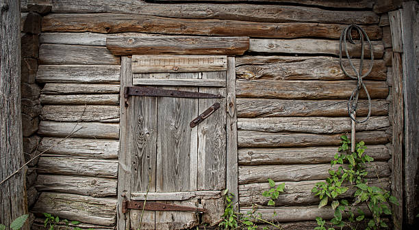 istock wall of logs door. 488214560