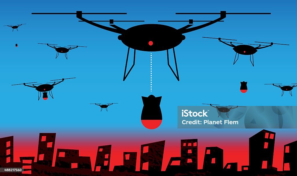 Doom’s day drones Military drones dropping bombs on a city. Drone stock vector