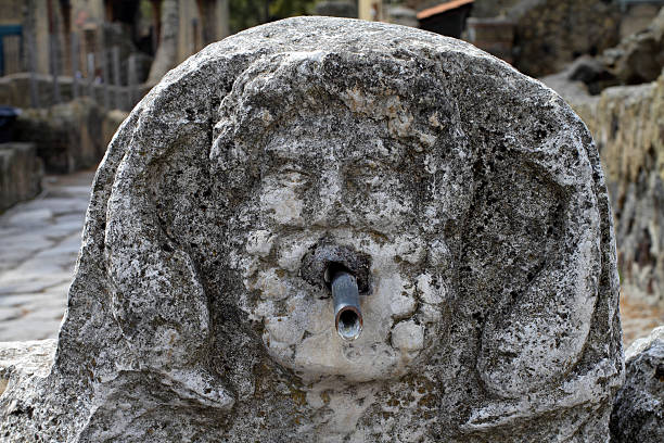 This drinking / water fountain stands amidst the ruins of Herculaneum in Italy. It is sculpted as a classical man's head with a pipe protruding from his mouth. Plumbing of this time (around 0 BC) was truly plumbous, consisting of pipes made of lead. In addition to the curly-headed and bearded man' head, there is further decoration in the shape of a dolphin (left) and fish (right).