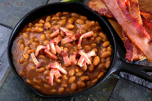 istock Baked beans in cast iron pan with chopped Bacon 488220808