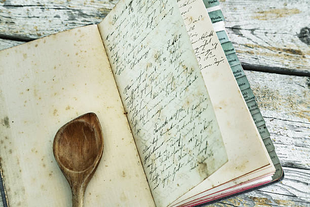 altes rezeptbuch mit holzlöffel - cookbook recipe book old stock-fotos und bilder