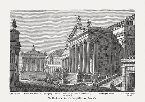 illustrazioni stock, clip art, cartoni animati e icone di tendenza di edifici del foro romano a roma antica, pubblicata nel 1878 - tempio di saturno