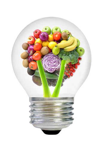 Light bulb containing fruits and vegetables over a white background