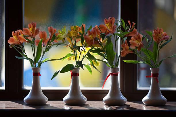 Alstroemeria flowers in a vase on a windowsill stock photo