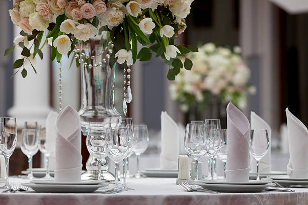 Table setting at a luxury wedding reception stock photo