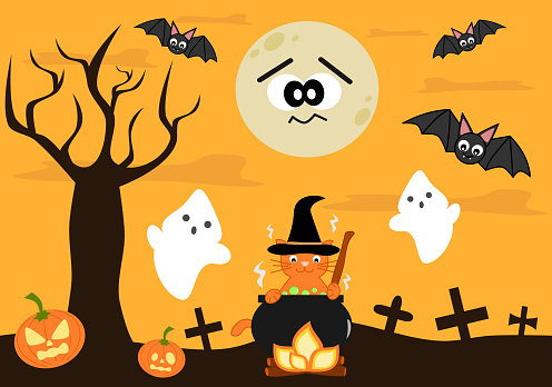 Ilustración de De Dibujos Animados Halloween Fondo Para Niños y más  Vectores Libres de Derechos de 2015 - 2015, Animal, Aterrorizado - iStock