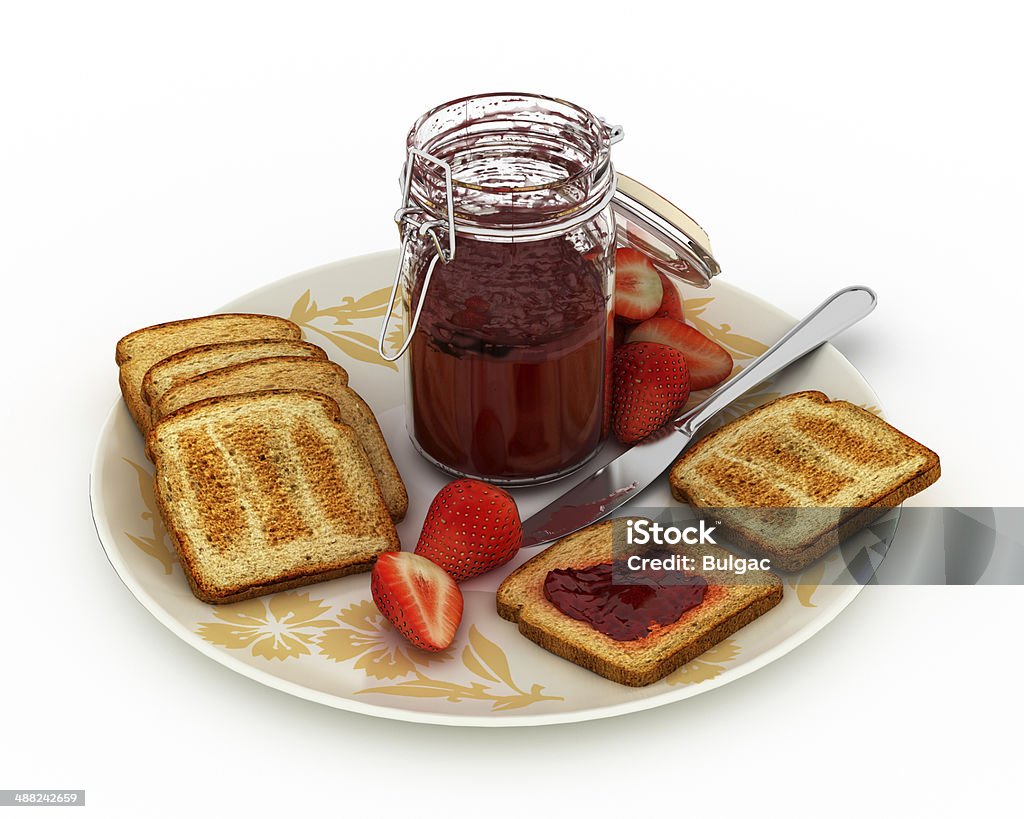 Strawberry Jam Home made strawberry jam, fresh strawberries and a few slices of toast on a plate (china), isolated on white background. French Toast Stock Photo