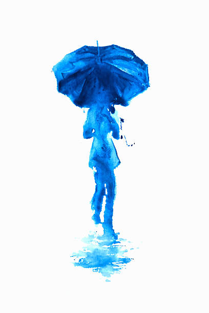 woman walking in the rain with colourful umbrella