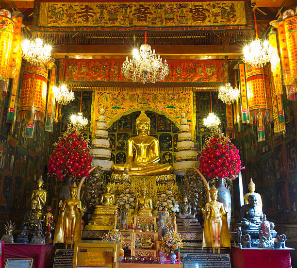 istock Sculpture buddha statue gold color full body 488245661