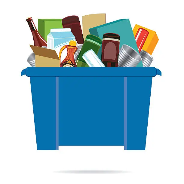 Vector illustration of Blue Recycling Bin Filled With Empty Tin Cans