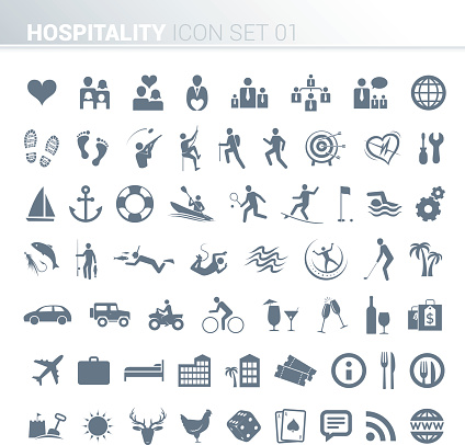 Hotel and Hospitality icon set with business, restaurant, sports, team building, activity and accommodation themed symbols