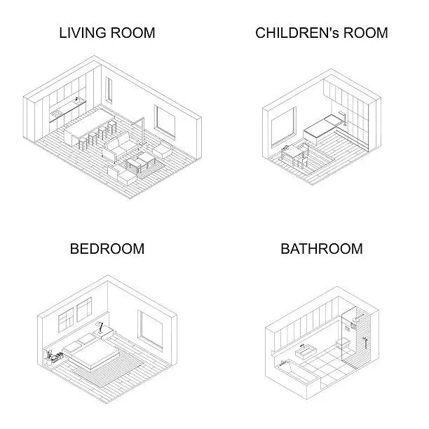 Vector illustration of Interior isometric rooms.