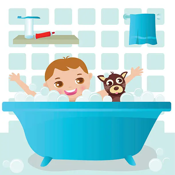 Vector illustration of Little Boy and Dog Taking a Bath