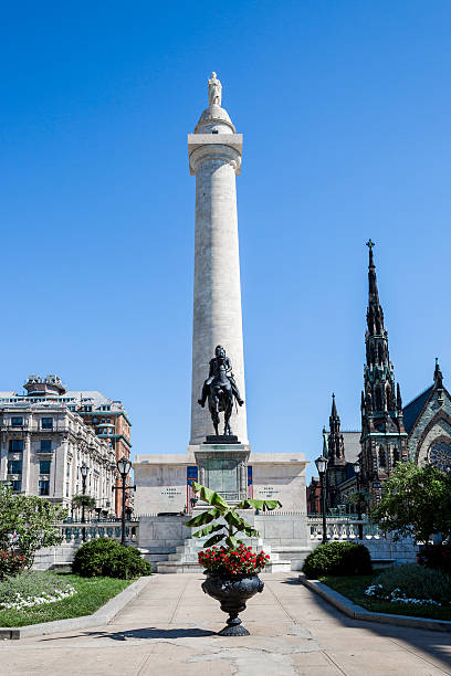 This monument is one of three Washington Monuments in the Maryland and District of Columbia areas.   This iconic stone tower has a statue of George Washington on the top and is located in the historic district of Mount Vernon in Baltimore, Maryland.  This monument to George Washington was completed in 1829 and was recently remodeled and redicated.  There is a second Washington Monument in Boonsboro Maryland that was built in 1827 by the citizens living there.  The most famous and iconic Washington Monument is in the District of Columbia and was completed in 1885.
