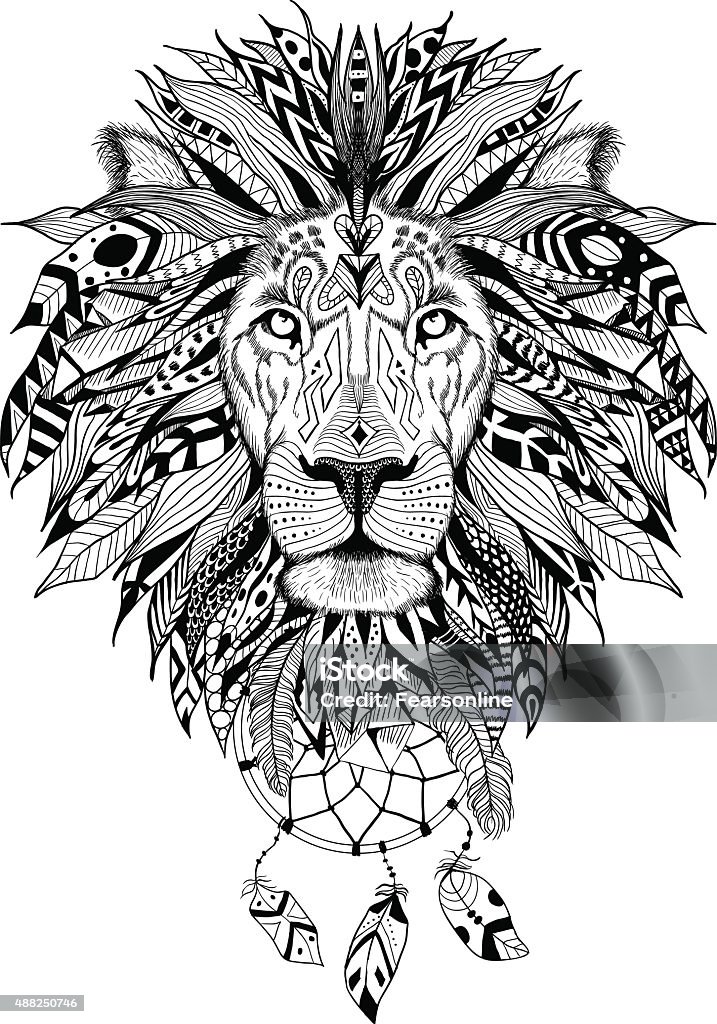 Detailed Lion in aztec style Detailed Lion in aztec (ethnic) style with dream catchers. Perfect for T-shirts, mugs and cases Lion - Feline stock vector