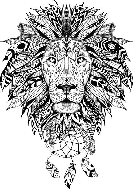 Detailed Lion in aztec style Detailed Lion in aztec (ethnic) style with dream catchers. Perfect for T-shirts, mugs and cases animals tattoos stock illustrations