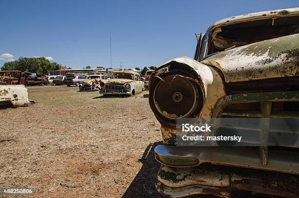 Old Retro Cars At The Junkyard Stock Photo - Download Image Now - 2015, Abandoned, Absence