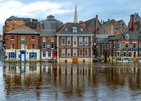 York, England, United Kingdom - October 23, 2004: River Ouse bursted its banks due to heavy rainfall. View on King's Staith in York