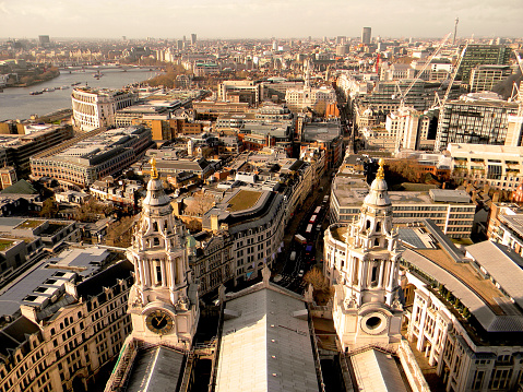 London, England, United Kingdom. City of London cityscape as seen from the dome of St Paul's Cathedral. 