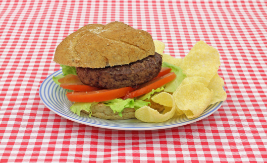 A freshly cooked low fat hamburger on a whole wheat bun with lettuce and tomatoes on a blue stripped plate with potato chips on red white checkerboard cloth.