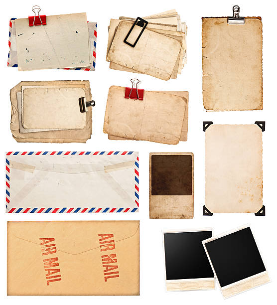 istock vintage papers, postcards and photo frames isolated on white 488259969