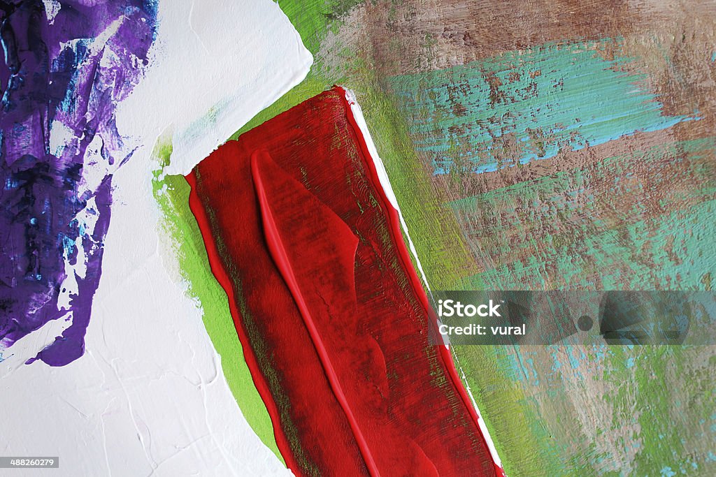 Detail of a multicolored acrylics painting. Abstract, red,white,green,purple, acrylics painted background texture.  Acrylic On Canvas Stock Photo