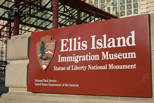 New York City, US - November 22, 2013: Facade of Ellis Island museum, formerly where arriving immigrants had to register.