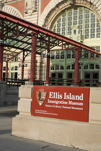 New York City, US - November 22, 2013: Facade of Ellis Island museum, formerly where arriving immigrants had to register.