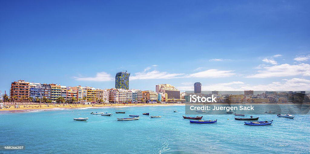 Las Canteras Beach in Las Palmas de Gran Canaria Panoramic view over the busy beach "Playa De Las Canteras" of Las Palmas de Gran Canaria, Spain Grand Canary Stock Photo