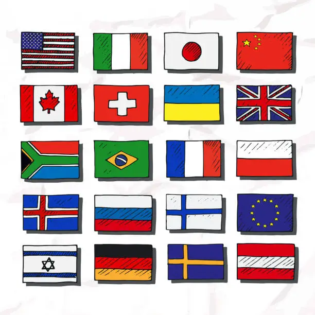 Vector illustration of Set of flags. Hand drawn.