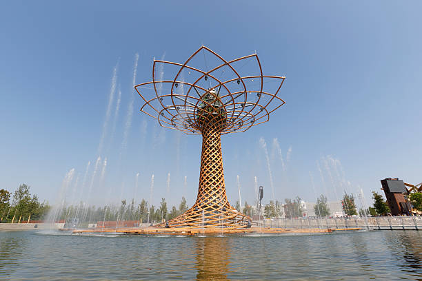 Milan, Italy, 12 August 2015: Detail the Tree of Life and the Lake Arena, at the exhibition Expo 2015 Italy.
