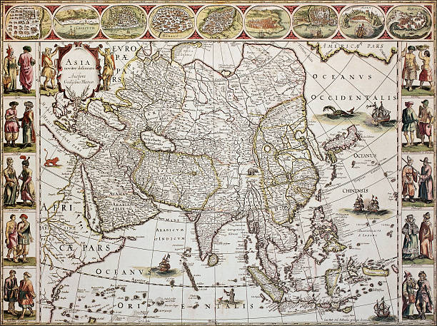 Asia old map Asia old map. Created by Willem Bleau, published in Amsterdam, ca. 1650 old indian stock illustrations