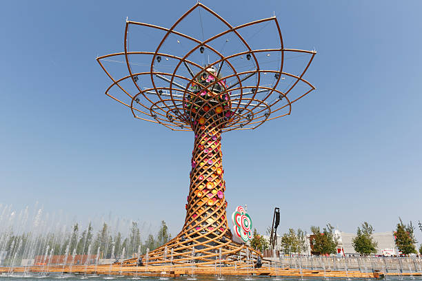 Milan, Italy, 12 August 2015: Detail the Tree of Life and the Lake Arena, at the exhibition Expo 2015 Italy.