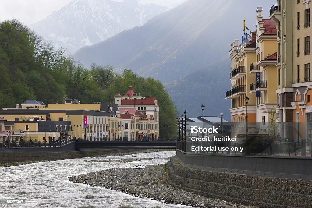 Sochi, Krasnaya Polyana in spring Sochi, Krasnaya Polyana, Russia – April, 21, 2014: empty streets of Rosa Khutor ski resort village in spring. Bridge - Built Structure Stock Photo