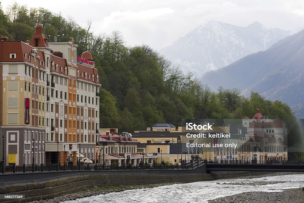 Sochi, Krasnaya Polyana in spring Sochi, Krasnaya Polyana, Russia – April, 21, 2014: empty streets of Rosa Khutor ski resort village in spring. Bridge - Built Structure Stock Photo