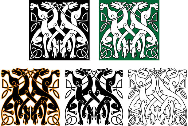 ilustrações, clipart, desenhos animados e ícones de vintage ornament com celtic wolves - celtic style celtic culture dog spirituality