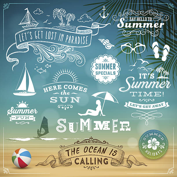ilustrações de stock, clip art, desenhos animados e ícones de elementos de design de verão - wave island palm tree sea