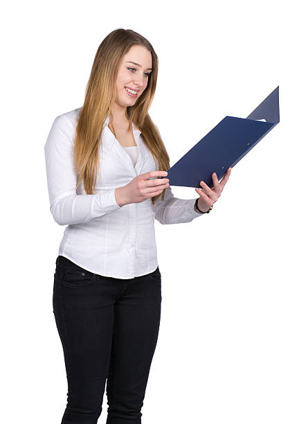 istock Young woman holds an opened file 488280199