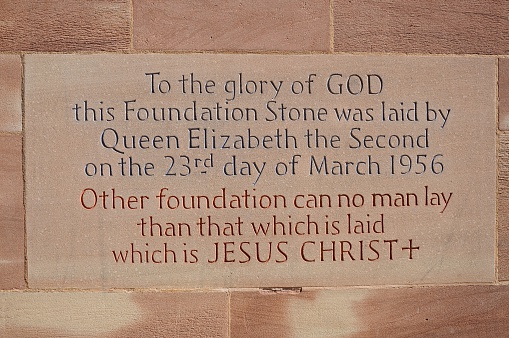 Coventry, United Kingdom - June 4, 2015: Foundation sign laid by Queen Elizabeth II in 1956 in the wall of the new Cathedral, Coventry, West Midlands, England, UK, Western Europe.