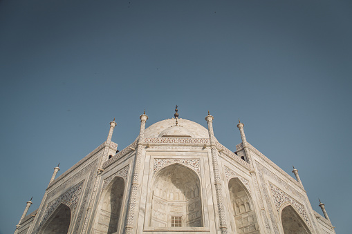 Close up detailed view of South side of Taj Mahal. Post-processed with grain, texture and colour effect.
