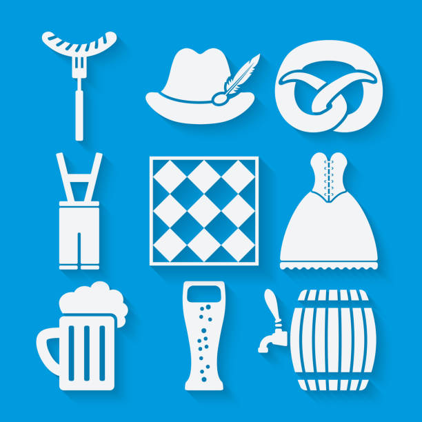 Beer Fest beer festival icons set in white and blue colors Beer Fest beer festival icons set in white and blue colors. vector illustration - eps 10 bavarian dress stock illustrations