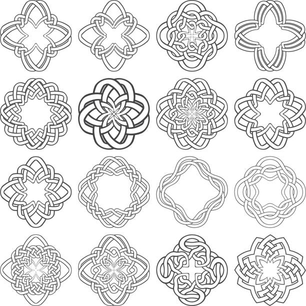 Sixteen tetragon decorative elements with stripes braiding Set of magic knotting circles. Sixteen tetragon decorative elements with stripes braiding for your logo or monogram frame design. Creative mandalas collection tetragon stock illustrations