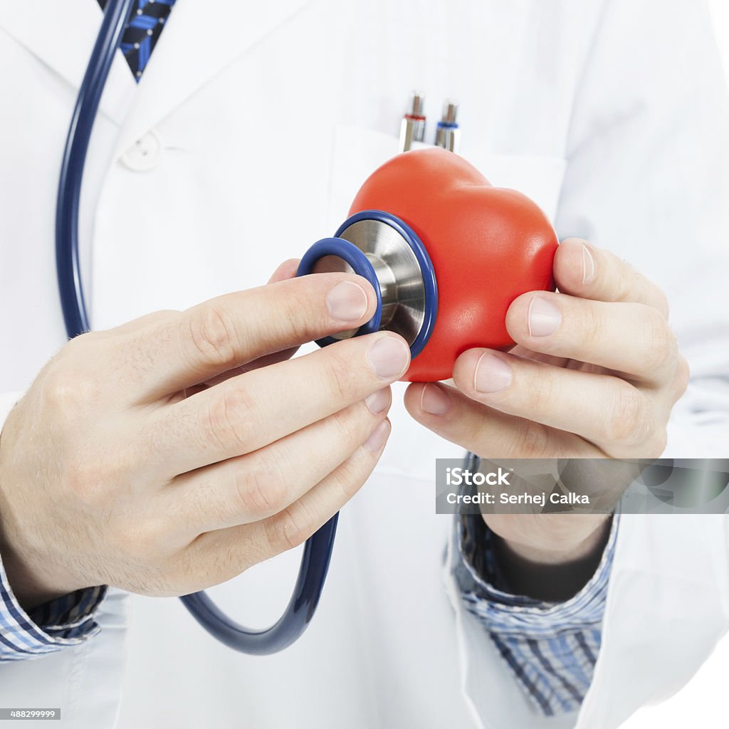 Medicine and healthcare Medical doctor holding a stethoscope in his left hand and a toy heart in his right hand - 1 to 1 ratio image Adult Stock Photo