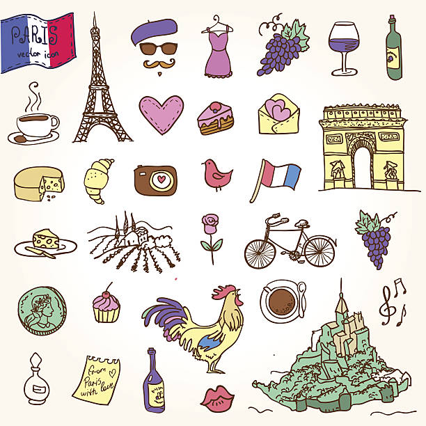 stockillustraties, clipart, cartoons en iconen met symbols of france as funky doodles - arc de triomphe