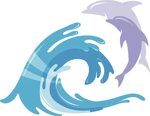 Vector illustration of Sea water waves and Dolphins