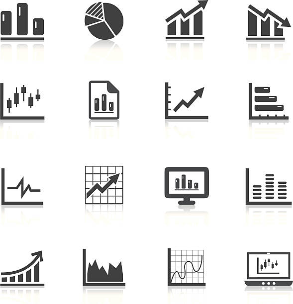 ilustrações de stock, clip art, desenhos animados e ícones de ilustração vetorial de ícones gráficos e gráficos de - stock market graph chart arrow sign