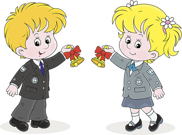 First day of school Schoolgirl and schoolboy ringing the bells to the beginning of school year school handbell stock illustrations