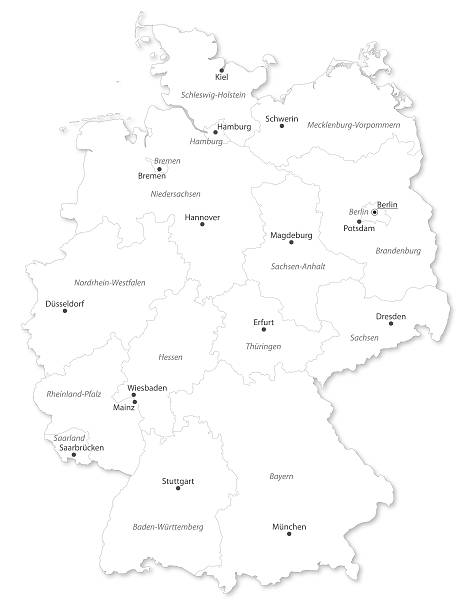 Map of German states with cites on white background. A small scale contour map of Germany projected in WGS 84 World Mercator. Map was made with Natural Earth (naturalearthdata.com) professional free geodata which are in the public domain. Created on 2014-02-26 in specialized cartographic software MAPublisher  and AI CS5.