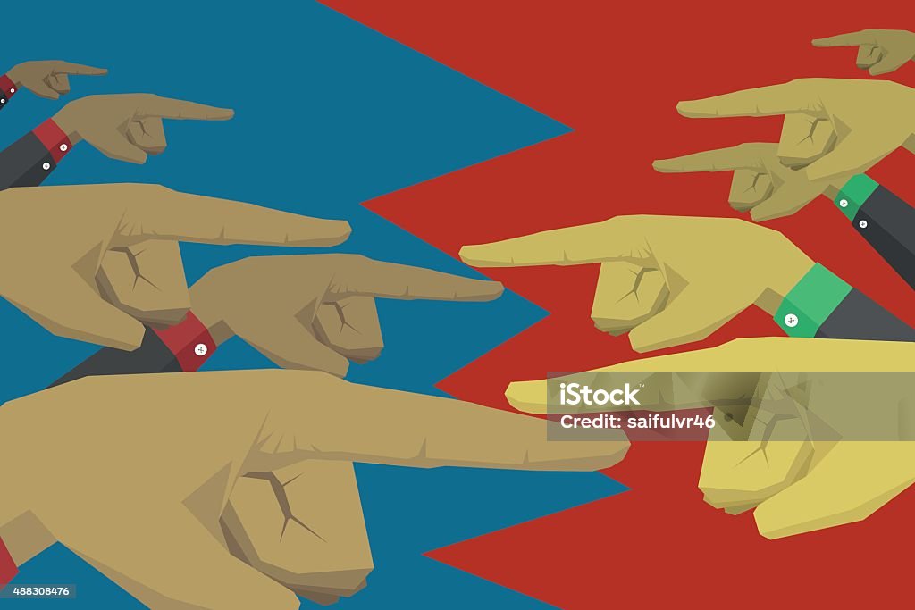 The hands of a group of people each point Each hand shows a group of people, such as the recriminations Arguing stock vector