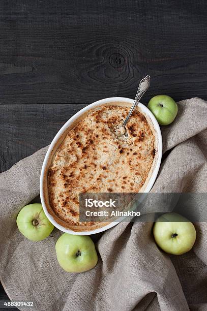 Apple Crumble Pie On The Wooden Table Stock Photo - Download Image Now - 2015, Apple - Fruit, Baked